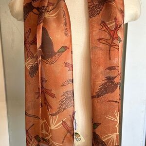 Hand Painted Silk Scarf Rust Fringe Pheasants, Oak Leaves, Pine